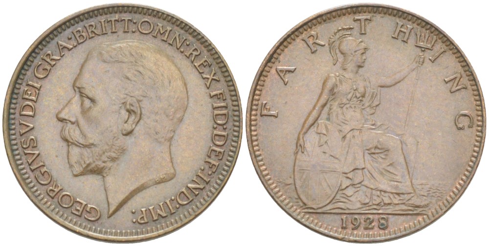Великобритания 1 фартинг 1928 Георг V (1910-1936) KM 825, Spink 4061 бронза 4543-1043