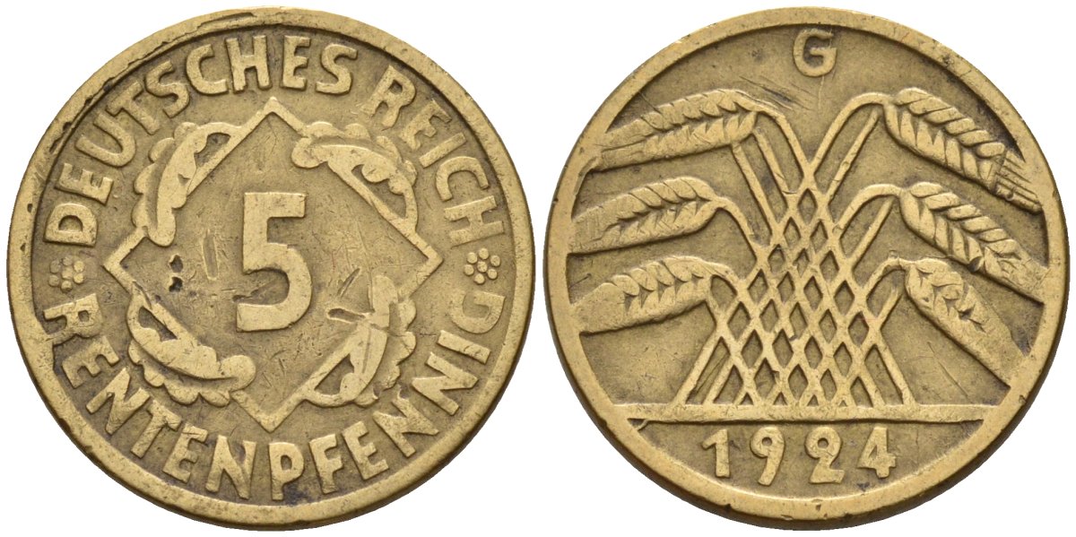 Германия 5 рентенпфеннигов 1924 G KM 32, J. 308 алюминиевая бронза 4151-667