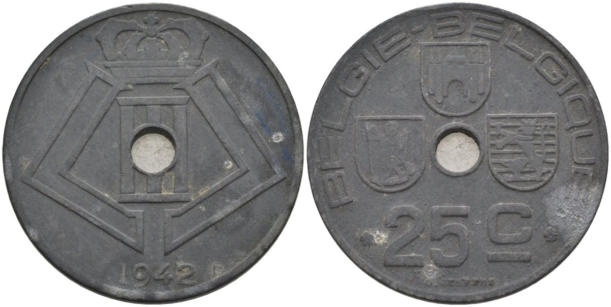 Бельгия 25 сантимов 1942 BELGIE-BELGIQUE KM 132 цинк 4117-1141