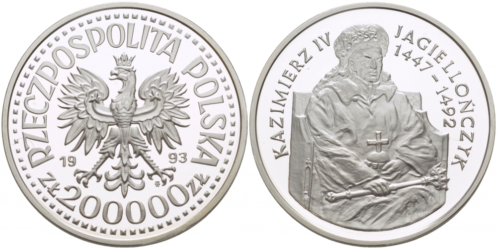 Польша 200000 злотых 1993 серия Польские короли, Казимир IV Ягайлович (1447-1492), на троне, тираж 5000 экз. KM 258 серебро PROOF 00-821-08