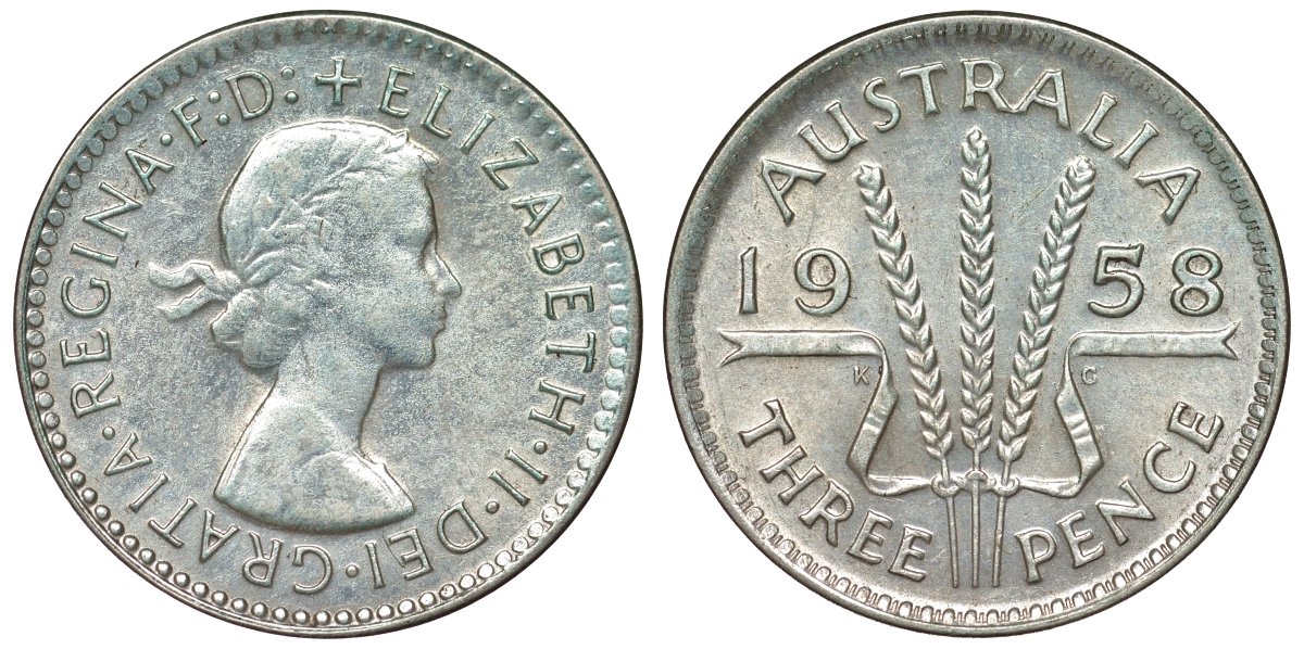 Австралия 3 пенса 1958 m, Елизавета II (1952-2022) KM 57 серебро 71-555