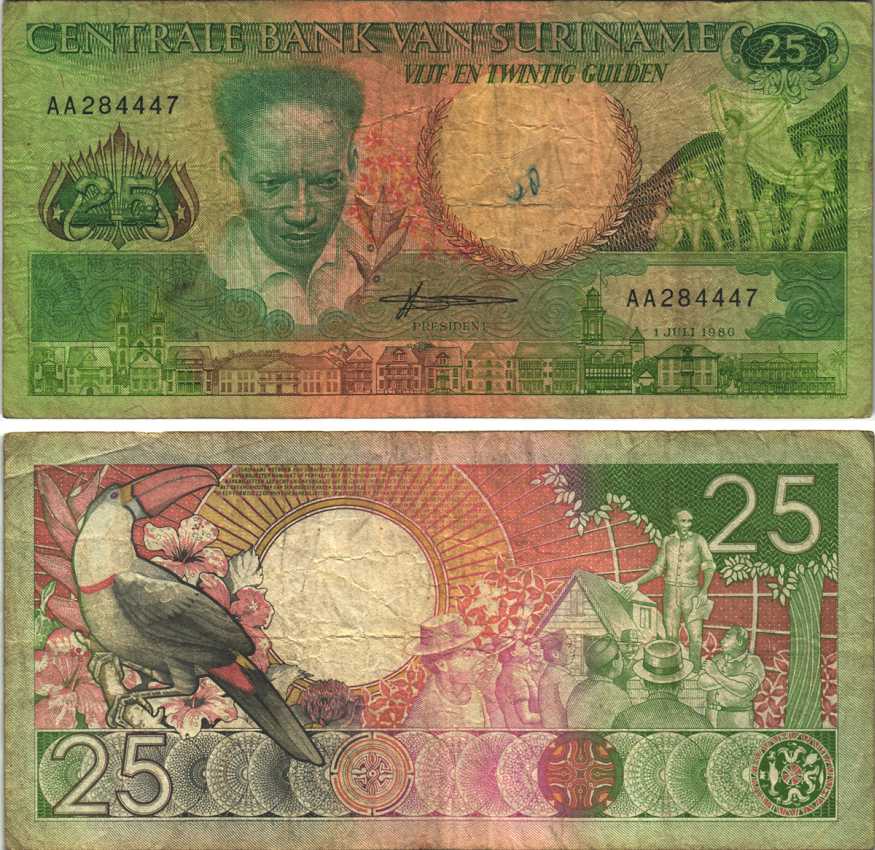 Суринам 25 гульденов 1986 Антон де Ком, тукан на ветке Pick 132 а бумага 6289-1-1-1