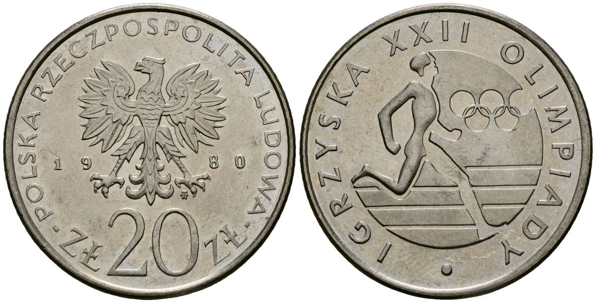 Польша 20 злотых 1980 MW, XXII летние Олимпийские Игры, Москва 1980, бегун KM 108, Parchimowicz 252 медно-никель 4168-826