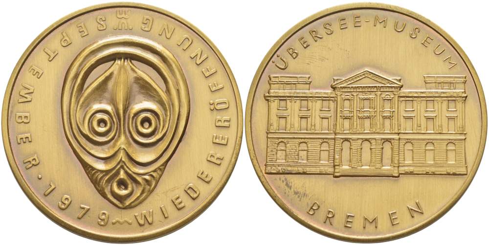 ГЕРМАНИЯ МЕДАЛЬ 1979 ВОССТАНОВЛЕНИЕ ЗАМОРСКОГО МУЗЕЯ В БРЕМЕНЕ, В СЕНТЯБРЕ 1979 ГОДА, ДИАМЕТР 40,5 ММ. жёлтый металл 1071-10-11