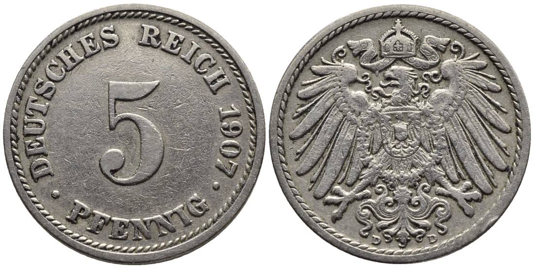 ГЕРМАНИЯ 5 ПФЕННИГОВ 1907 D KM 11, Jager 12, Weege 6 медно-никель 4547-457