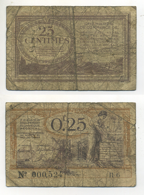 ФРАНЦИЯ 0,25 ФРАНКА ND ПЕРВАЯ РЕГИОНАЛЬНАЯ ЭКОНОМИЧЕСКАЯ ГРУППА, КОМЕРЧЕСКИЕ ПАЛАТЫ СЕВЕРА И ПА-ДЕ-КОЛЕ бумага 7552-32-3-2