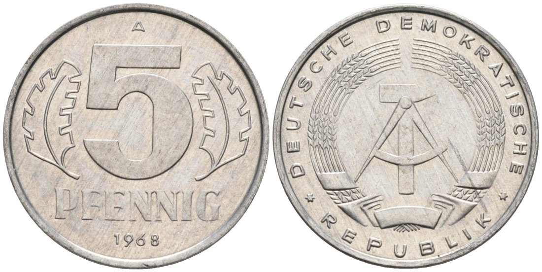 ГДР 5 пфеннигов 1968 А KM 9.1 алюминий 4564-1033