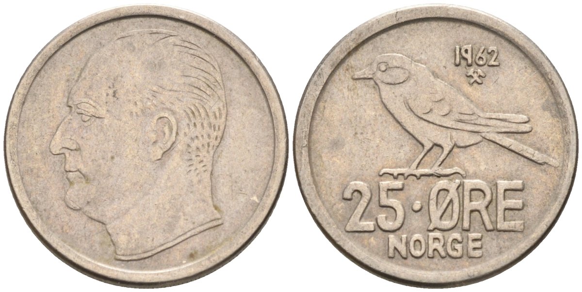 Норвегия 25 эре 1962 Улаф V (1958-1991), синица KM 407 медно-никель 4580-1032