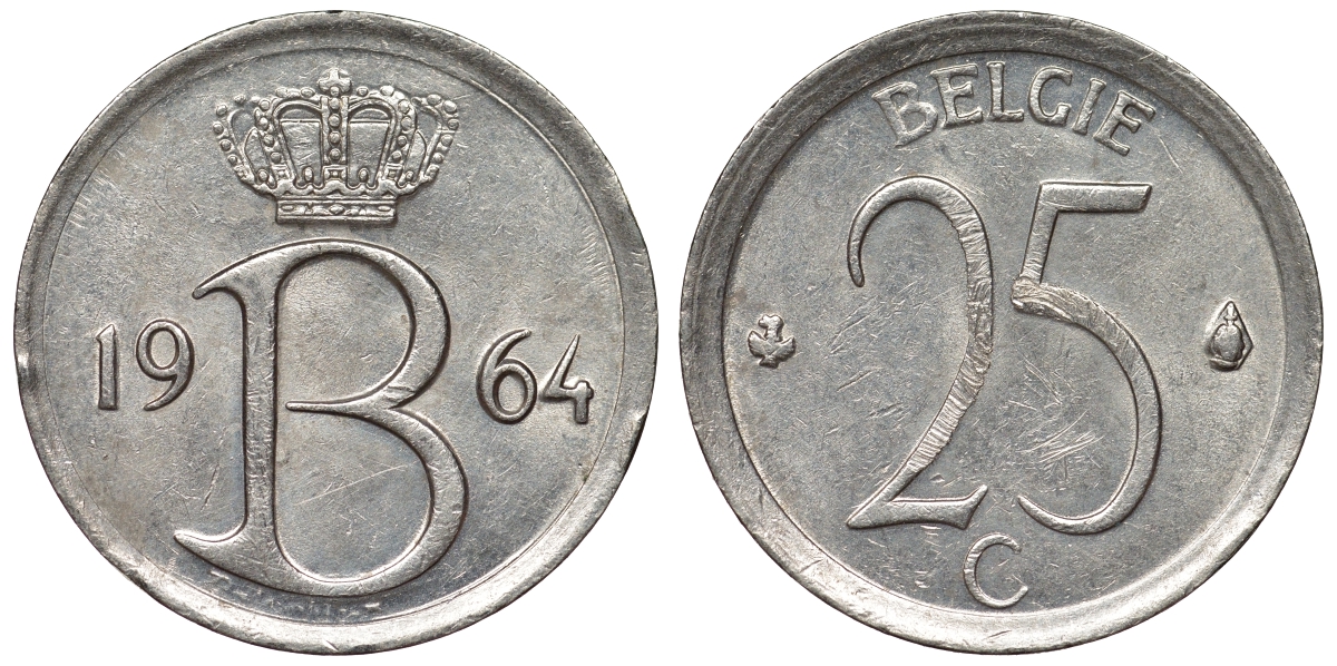Бельгия 25 сантимов 1964 Belgie, Бодуэн I (1951-1993) KM 154.1 медно-никель 71-758
