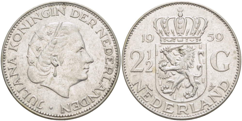 Нидерланды 2 1/2 гульдена 1959 Юлиана (1948-1980) KM 185 серебро 1515-1133