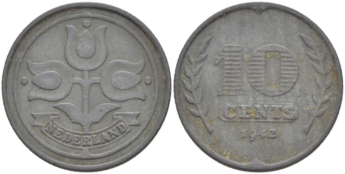 НИДЕРЛАНДЫ 10 ЦЕНТОВ 1942 ВИЛЬГЕЛЬМИНА I (1891-1948), ГЕРМАНСКАЯ ОККУПАЦИЯ, ВТОРАЯ МИРОВАЯ ВОЙНА KM 173 цинк 4548-837
