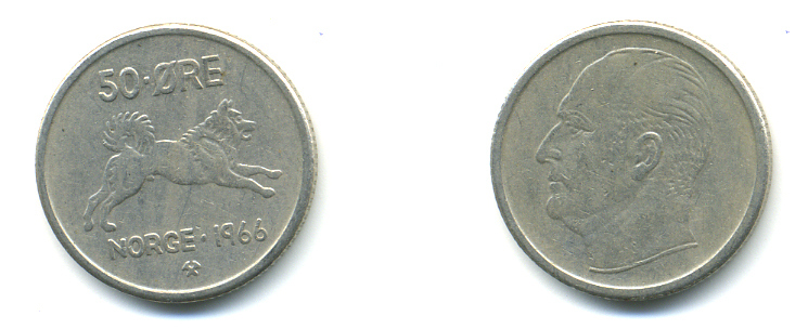 Норвегия 50 эре 1966 Улаф V (1957-1991), собака KM 408 медно-никель 3999-925