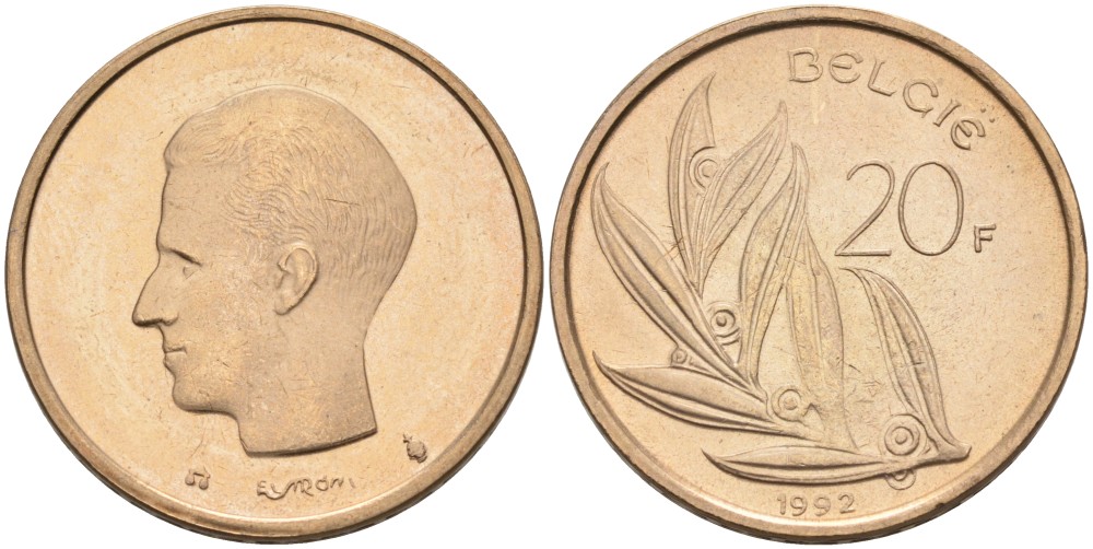 Бельгия 20 франков 1992 Belgie KM 160 никель бронза UNC 189-1013