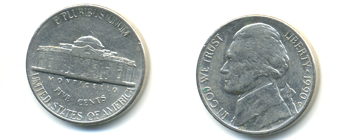 США 5 ЦЕНТОВ 1990 D, ДЖЕФФЕРСОН KM А192 медно-никель 179-746