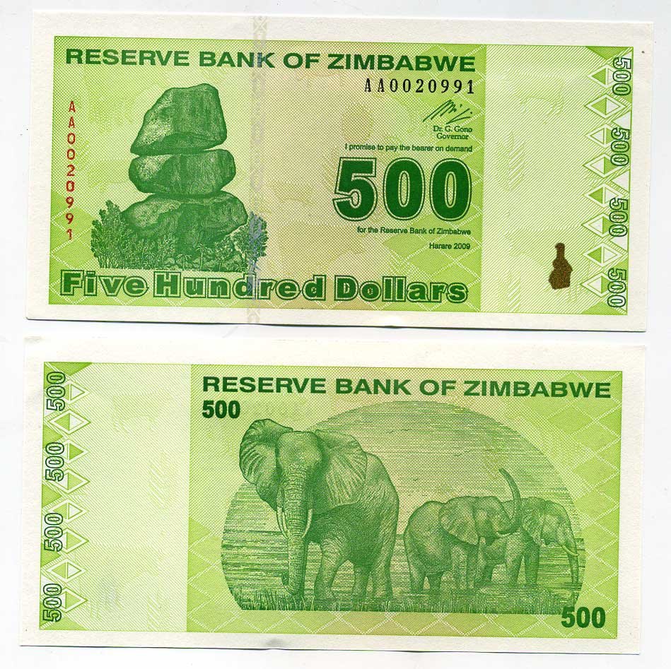 Зимбабве 500 долларов 2009 слоны Pick 98 бумага UNC (пресс) 448-49-1