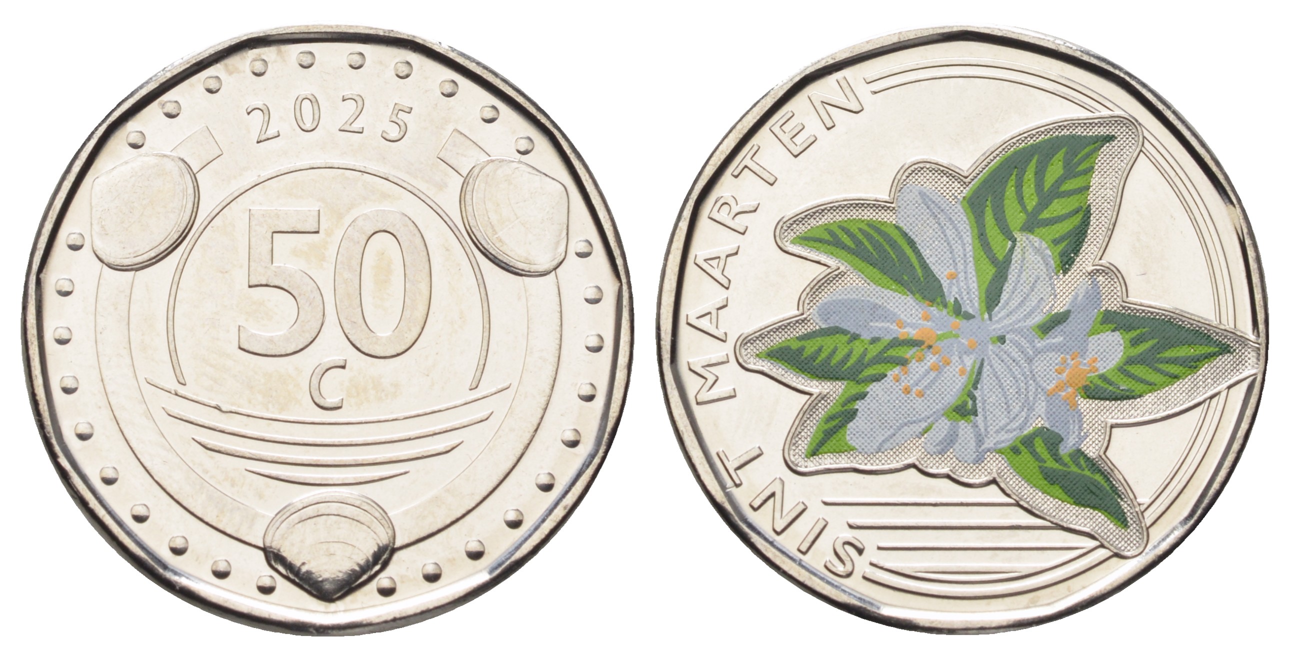 Сен-Мартен 50 центов 2025 орхидея, цветная KM NEW никелированная сталь  UNC  M74-09