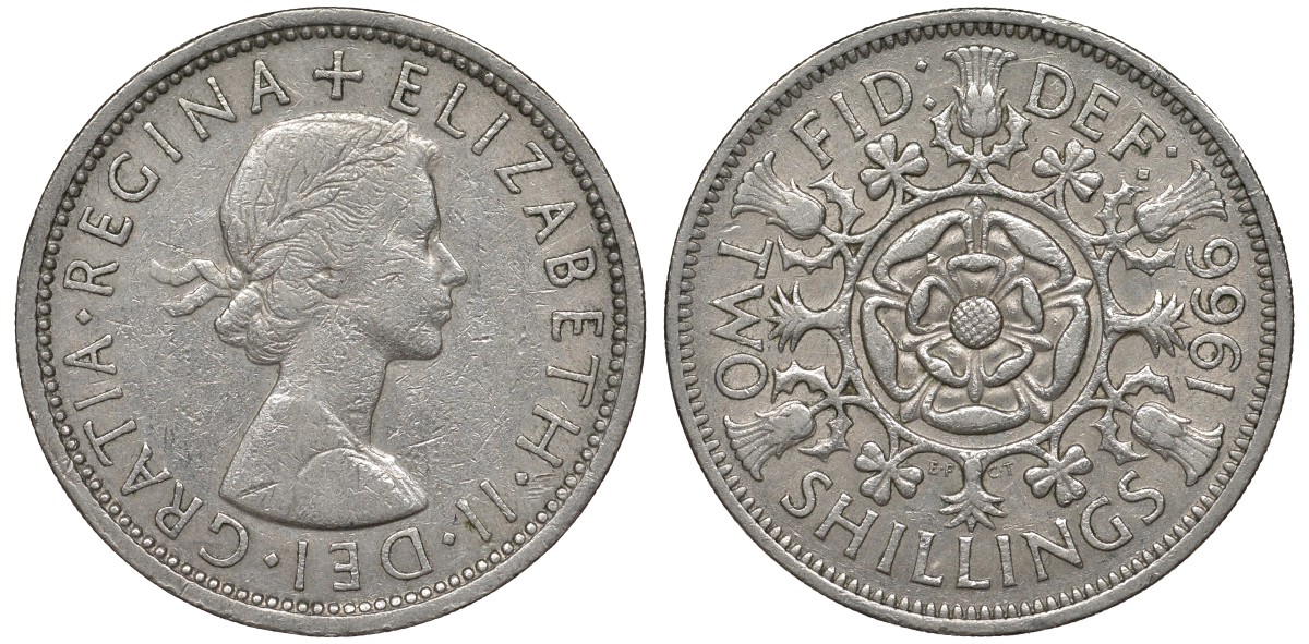 Великобритания 2 шиллинга (флорин) 1966 Елизавета II (1952-2022) KM 906, Spink 4146 медно-никель 4131-611