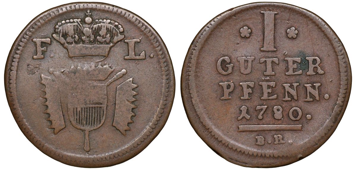 Шаумбург-Гессен-Кассель 1 пфенниг 1780 BR KM 35 медь    116-839