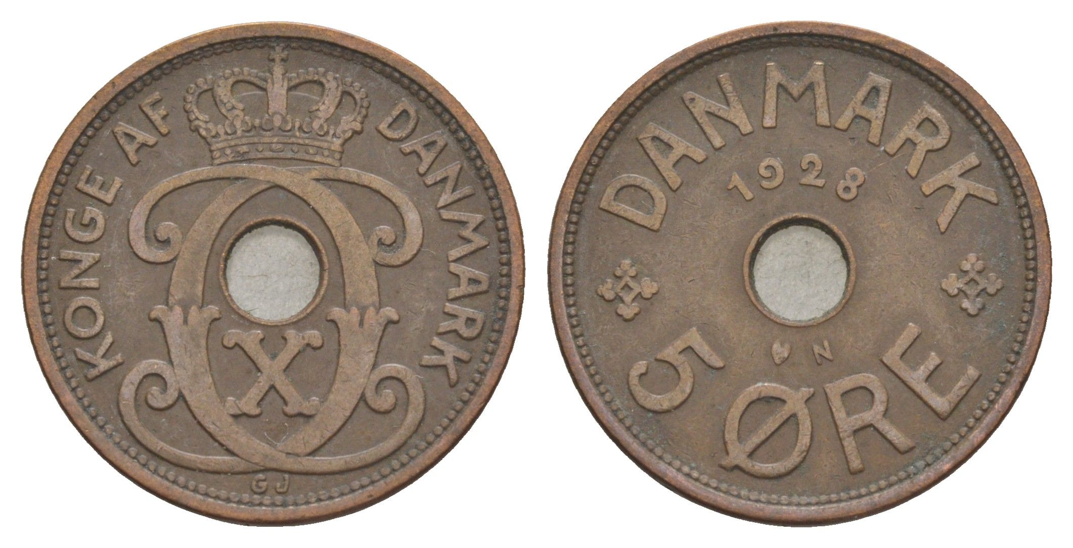 Дания 5 эре 1928 N, Кристиан X (1912-1947) KM 828 бронза 4638-612