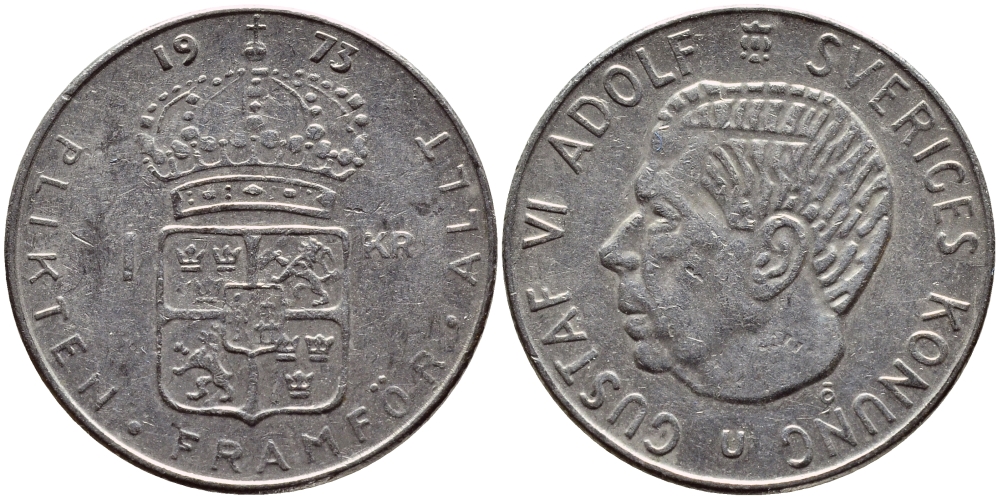 Швеция 1 крона 1973 Густав VI Адольф (1950-1973) KM 826а медь плакированная медно-никелем 4395-252