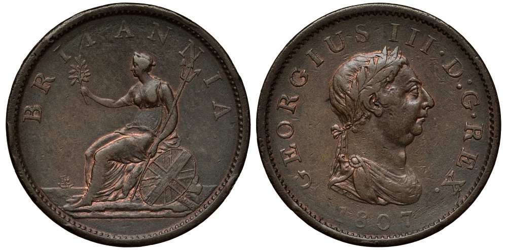 Великобритания 1 пенни 1807 Георг III (1760-1820) KM 663, Spink 3780 медь 1518-411