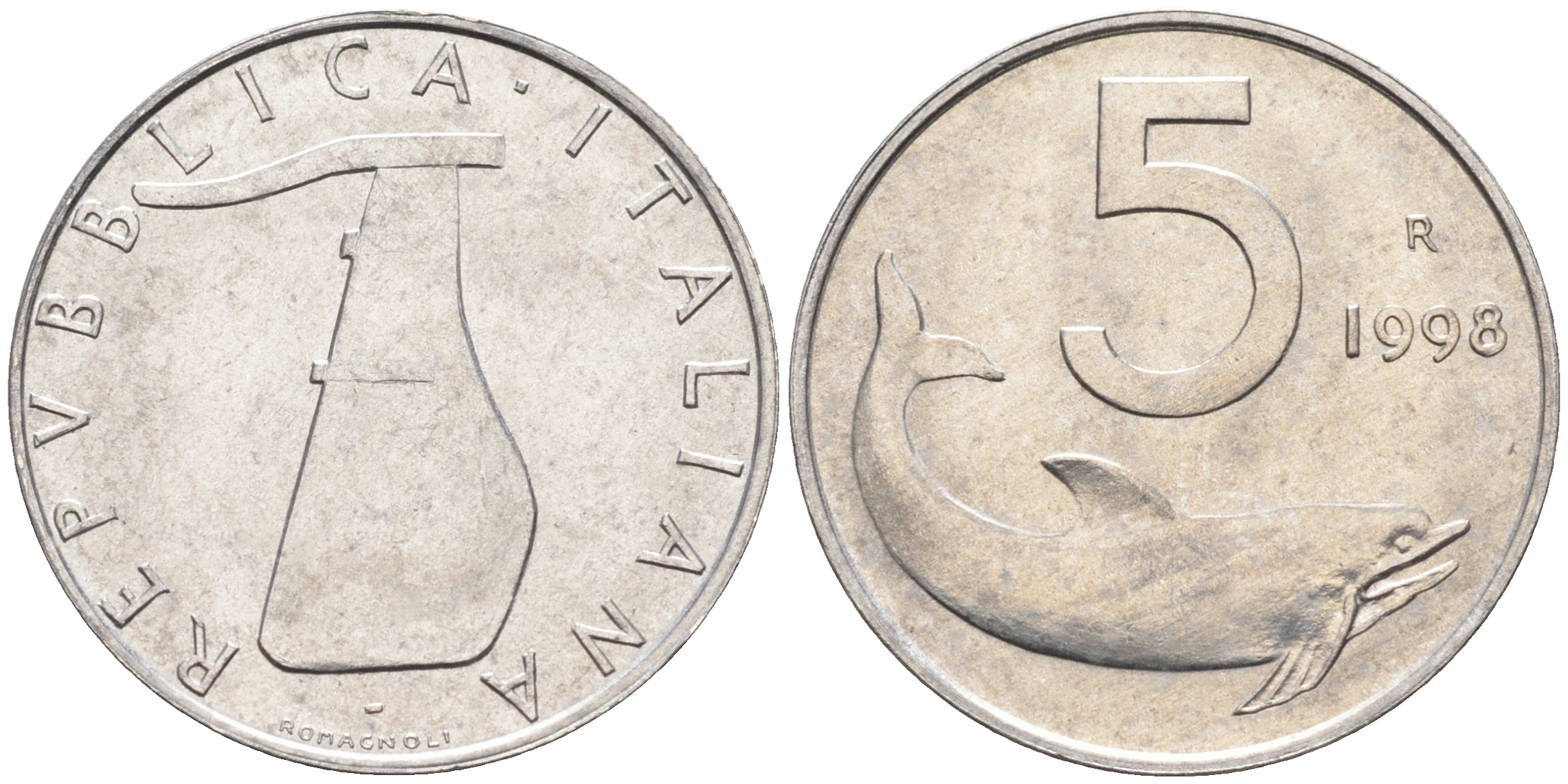 Италия 5 лир 1998 R, дельфин KM 92 алюминий  UNC  4594-749