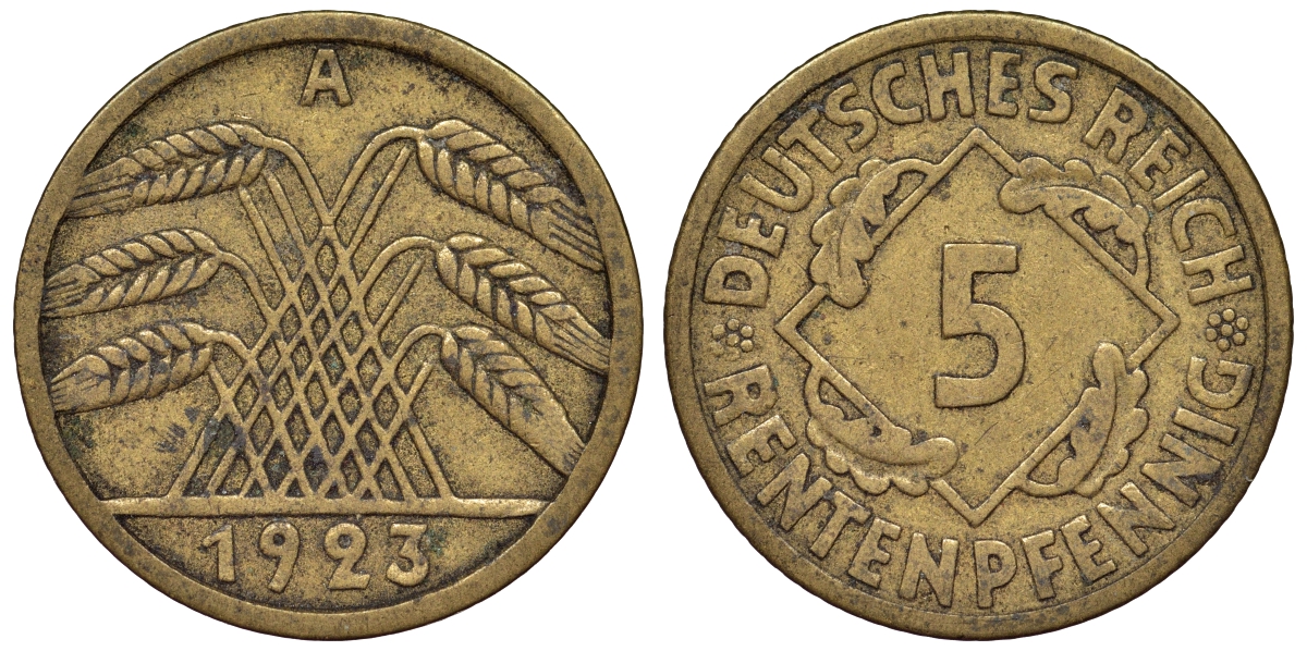 Германия 5 рентенпфеннигов 1923 A KM 32, J. 308 алюминиевая бронза 4124-255