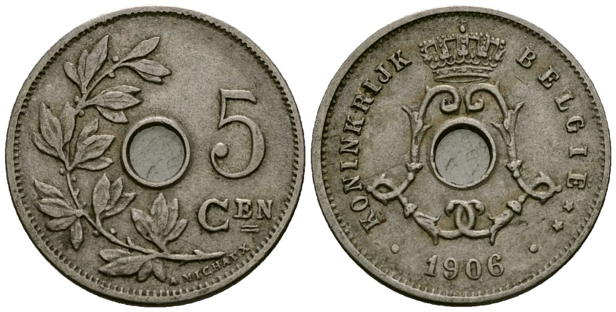 Бельгия 5 сантимов 1906 Belgie, Леопольд II (1865-1909) KM 55 медно-никель 4173-148