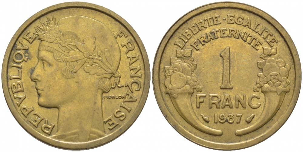 ФРАНЦИЯ 1 ФРАНК 1937 ТИП MORLON KM 885, LE FRANC 219.8 алюминиевая бронза 4448-317