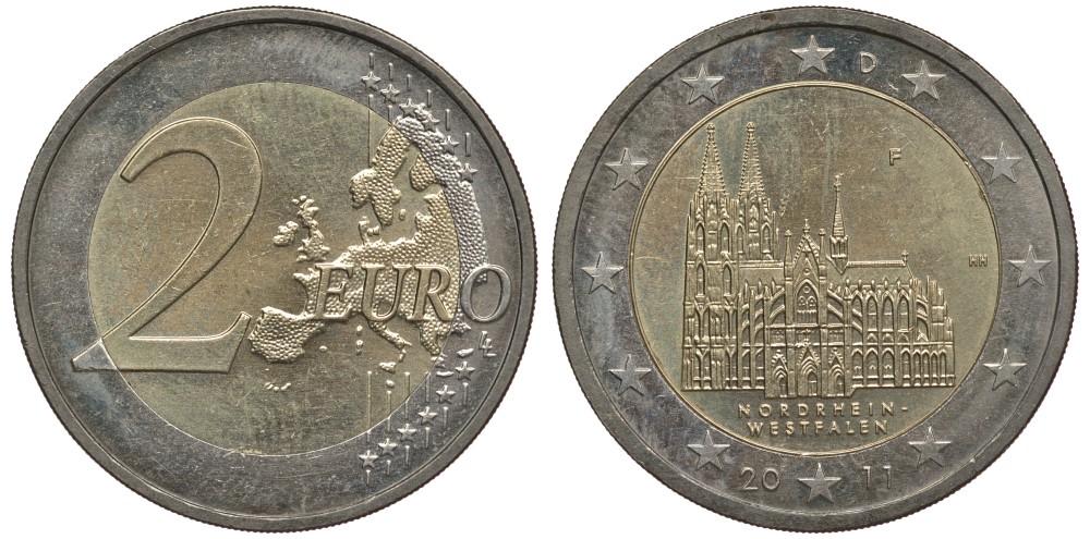 ФРГ 2 евро 2011 F, серия федеральные земли, Северный Рейн-Вестфалия, Кельнский собор KM 293 биметалл 3856-657