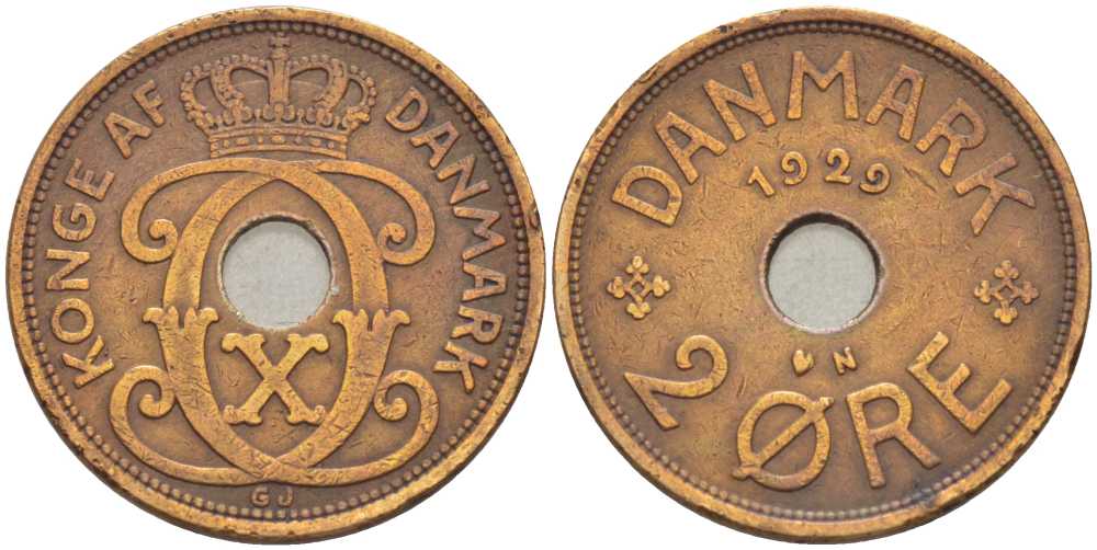 ДАНИЯ 2 ЭРЕ 1929 N; GJ, КРИСТИАН X (1912-1947) KM 827.2 бронза 67-146