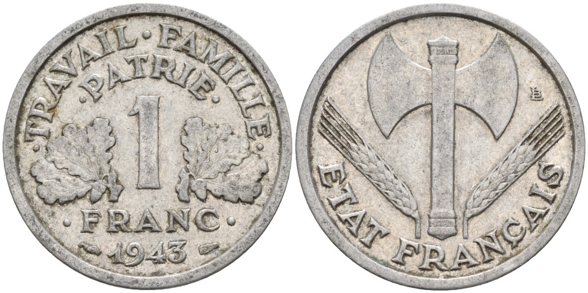 Франция 1 франк 1943 LB, тип Lourde, правительство Виши KM 902.1 алюминий 4142-932