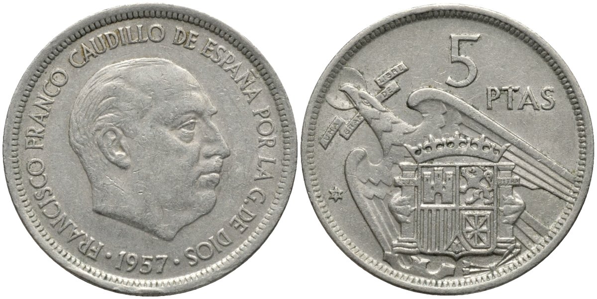 Испания 5 песет 1957 (71) Франсиско Франко (1939-1975) KM 786 медно-никель 4171-455