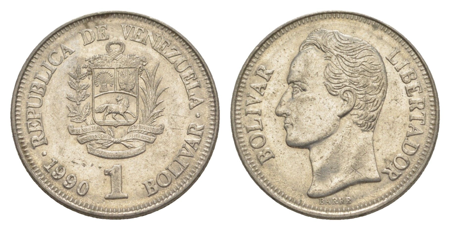 Венесуэла 1 боливар 1990 Симон Боливар, толстый шрифт Y 52a.2 сталь плакированная никелем 4591-1013