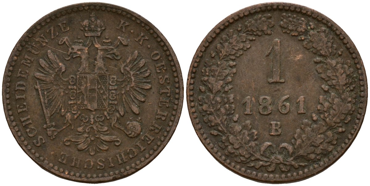 Австрия 1 крейцер 1861 B, Франц Иосиф I (1848-1916) KM 2186 медь 4154-835