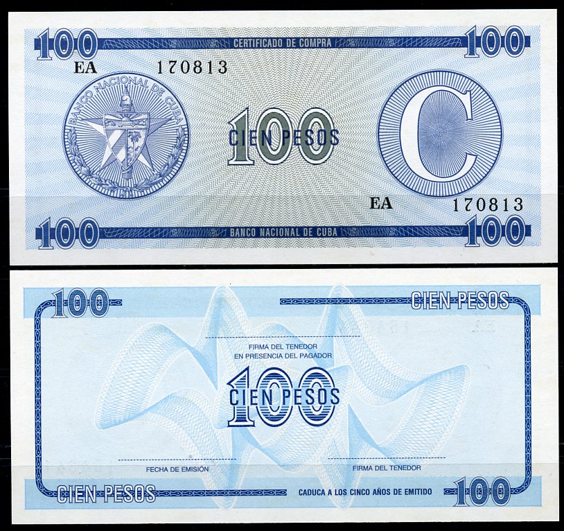 Куба, валютный сертификат 100 песо ND	серия C, второй выпуск, голубая Pick FX 25 бумага UNC (пресс) 7217-62-3-1