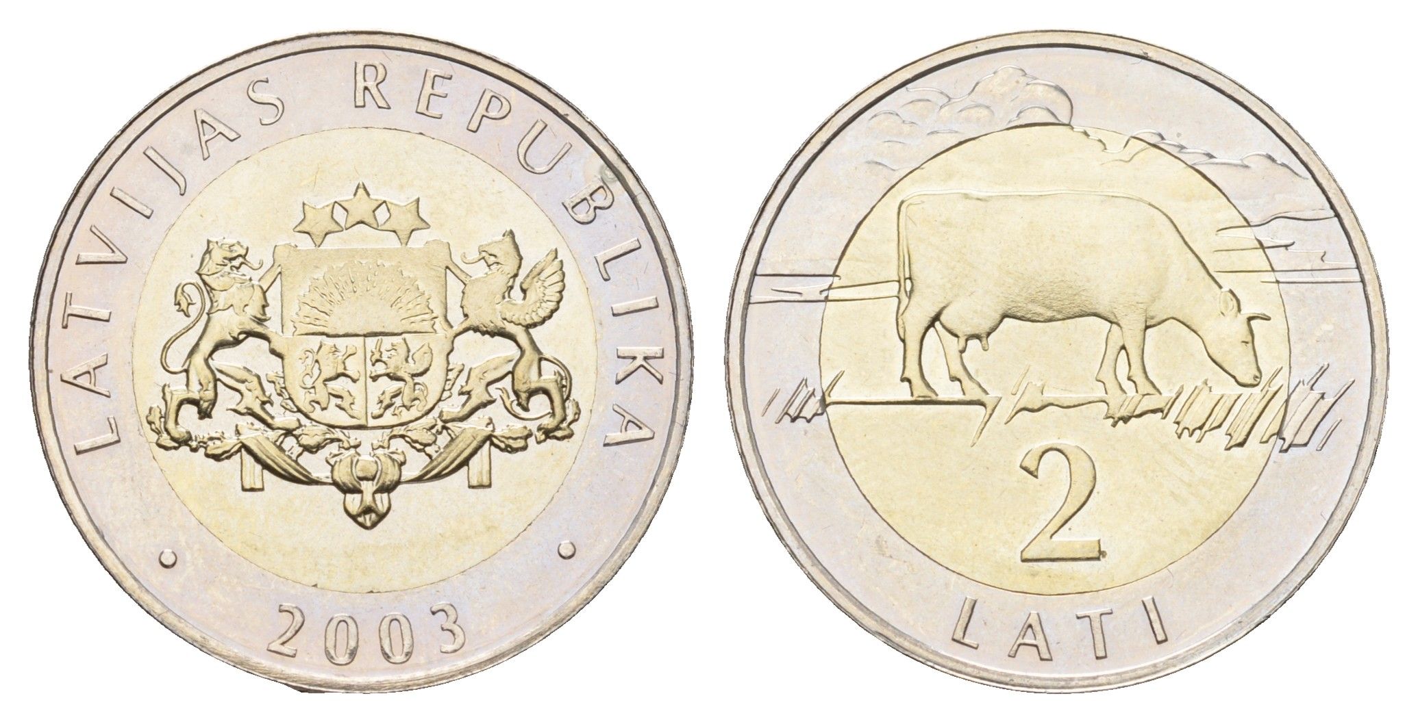 Латвия 2 лата 2003 корова KM 38 биметалл BU 4678-327