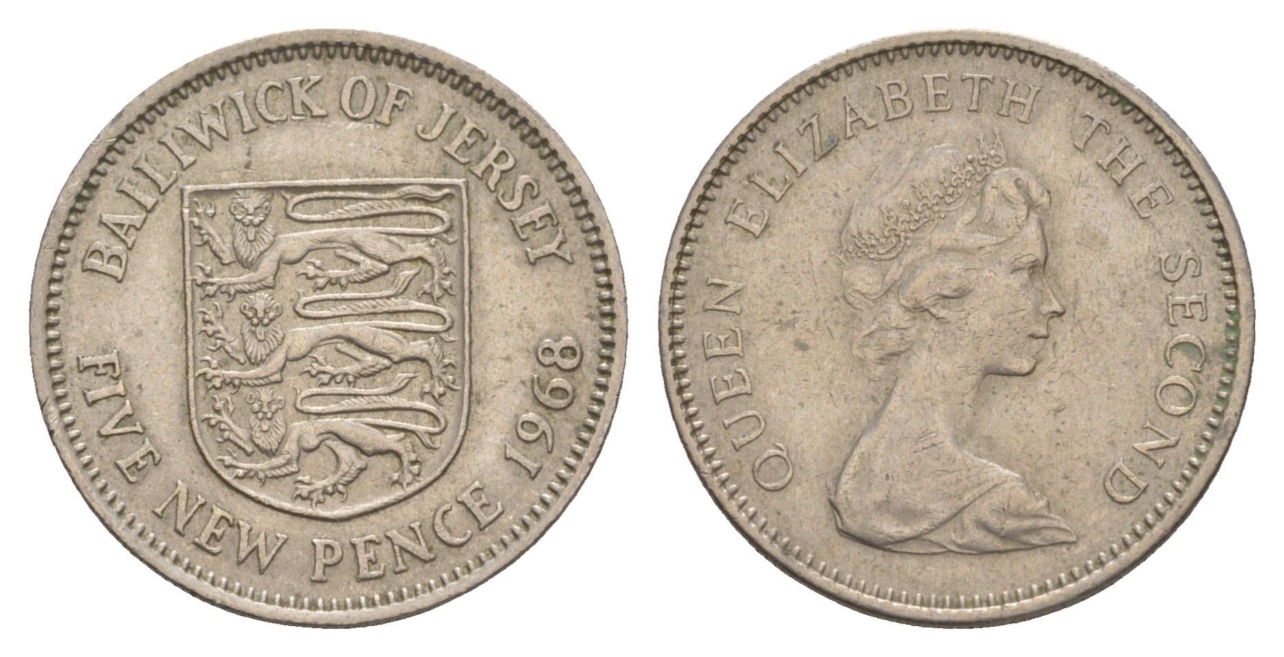 Джерси 5 новых пенсов 1968 герб, Елизавета II (1952-2022) KM 32 медно-никель 4656-1131