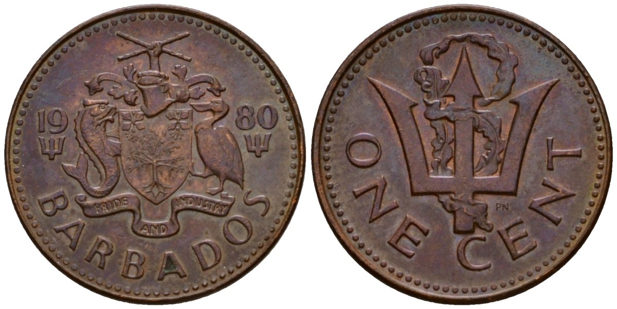 Барбадос 1 цент 1980 FM, сломанный трезубец Британии KM 10 бронза 4602-243