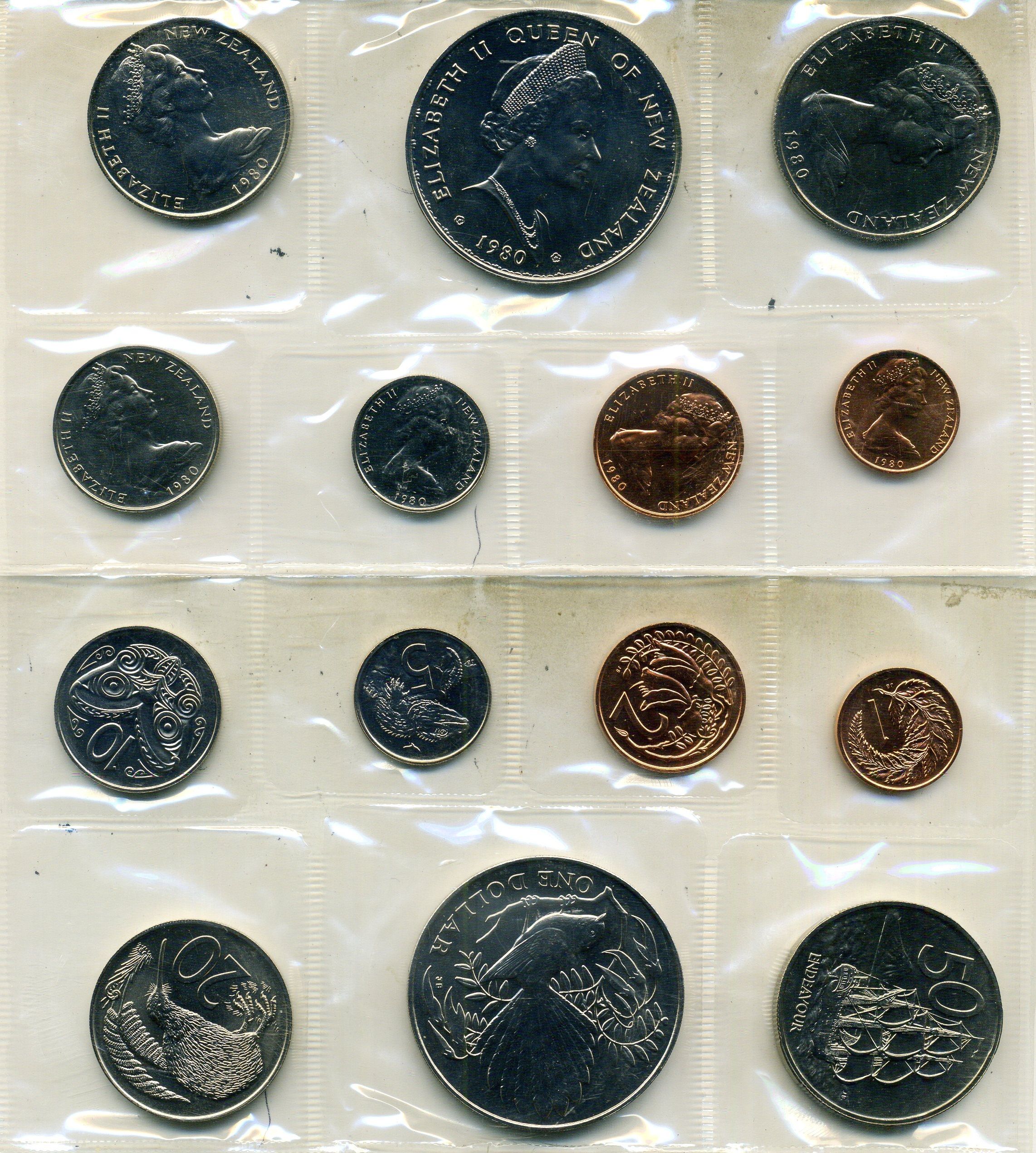 Новая Зеландия набор из 7 монет (1, 2, 5, 10, 20 и 50 центов; 1 доллар) 1980 в оригинальной упаковке KM 31, 32, 34, 36, 37, 41 и 49 BU 2-5-1-18