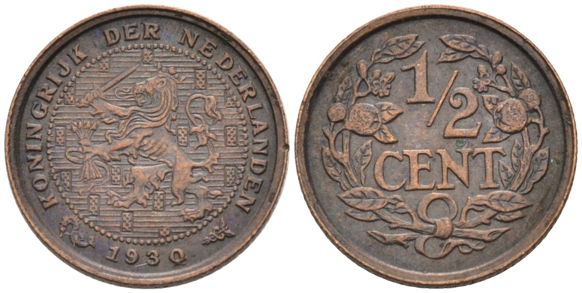 Нидерланды 1/2 цента 1930 Вильгельмина (1890-1948) KM 138 бронза 4576-435