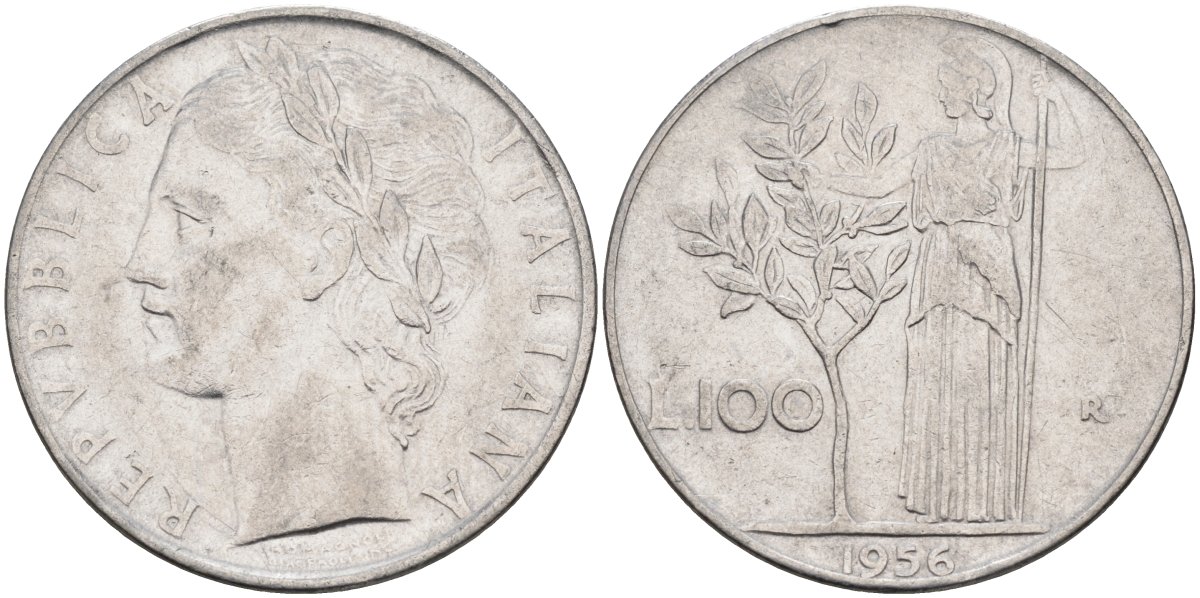 Италия 100 лир 1956 R, Афина в доспехах KM 96.1 нержавеющая сталь 81-1241