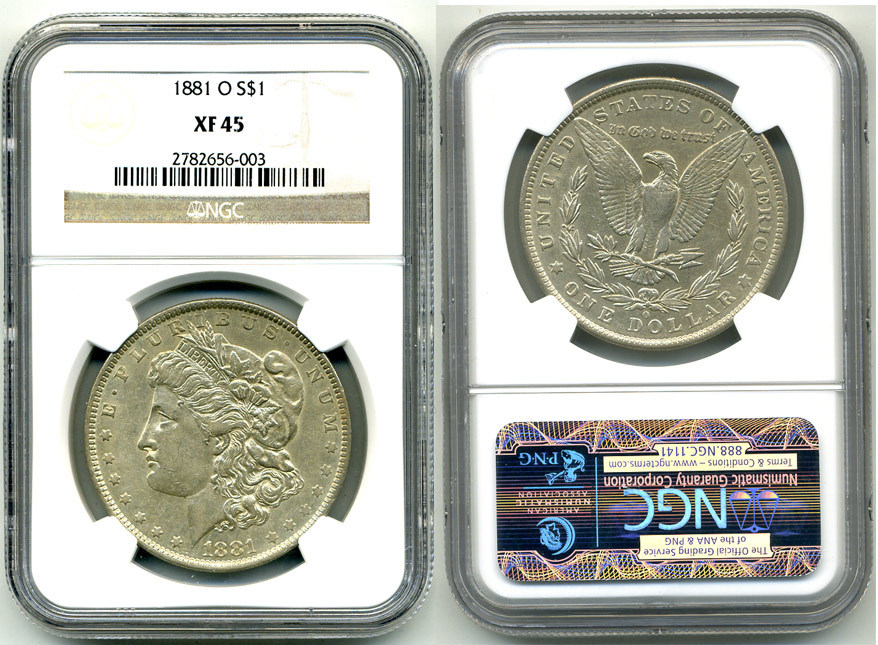 США 1 доллар 1881 О, Морган доллар, монетный двор Орлеан, в слабе NGC KM 110 серебро XF 45 00-000-00