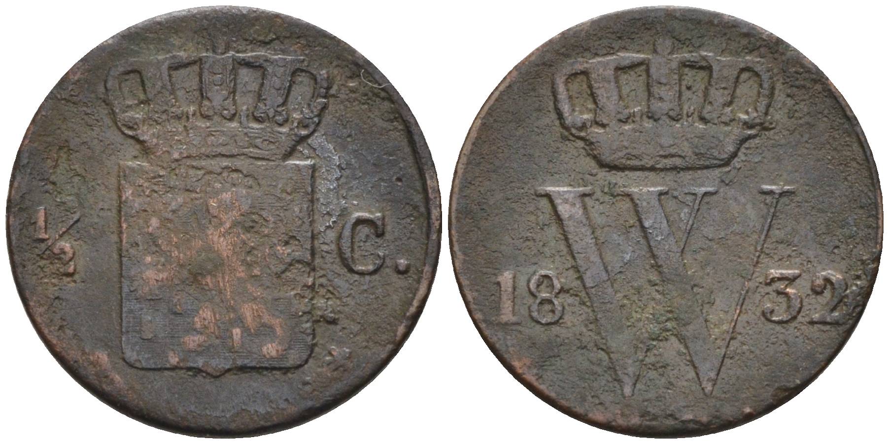 Нидерланды 1/2 цента 1832 Виллем I KM 51 медь 4115-226