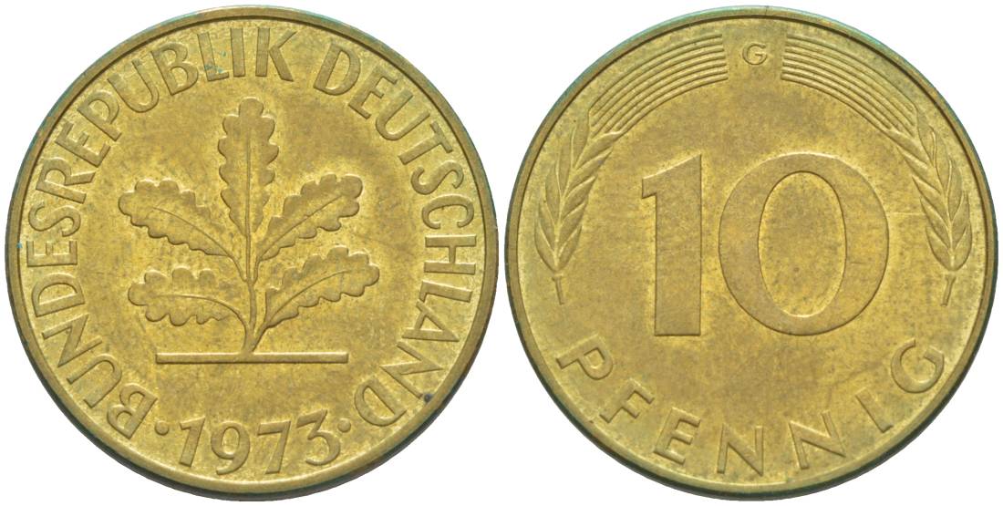 ФРГ 10 ПФЕННИГОВ 1973 G KM 108, J. 383 сталь плакированная латунью 219-453