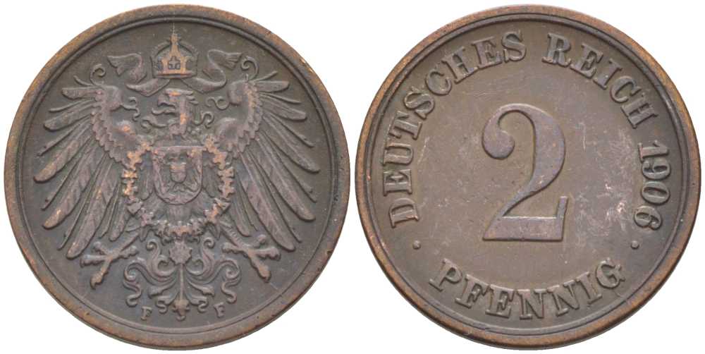 ГЕРМАНИЯ 2 ПФЕННИГА 1906 F KM 16, J. 11 медь 175-244