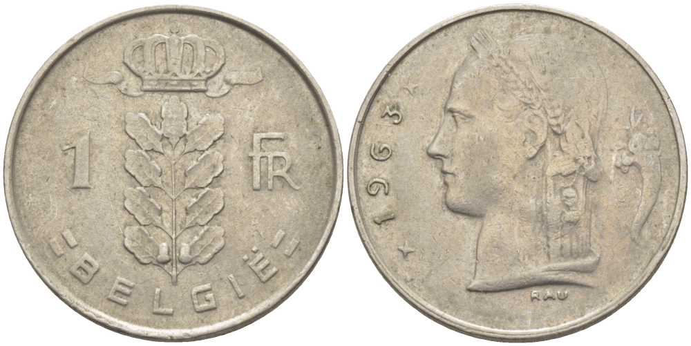 БЕЛЬГИЯ 1 ФРАНК 1963 BELGIE, БОДУЭН I (1951-1993) KM 143.1 медно-никель 119-553