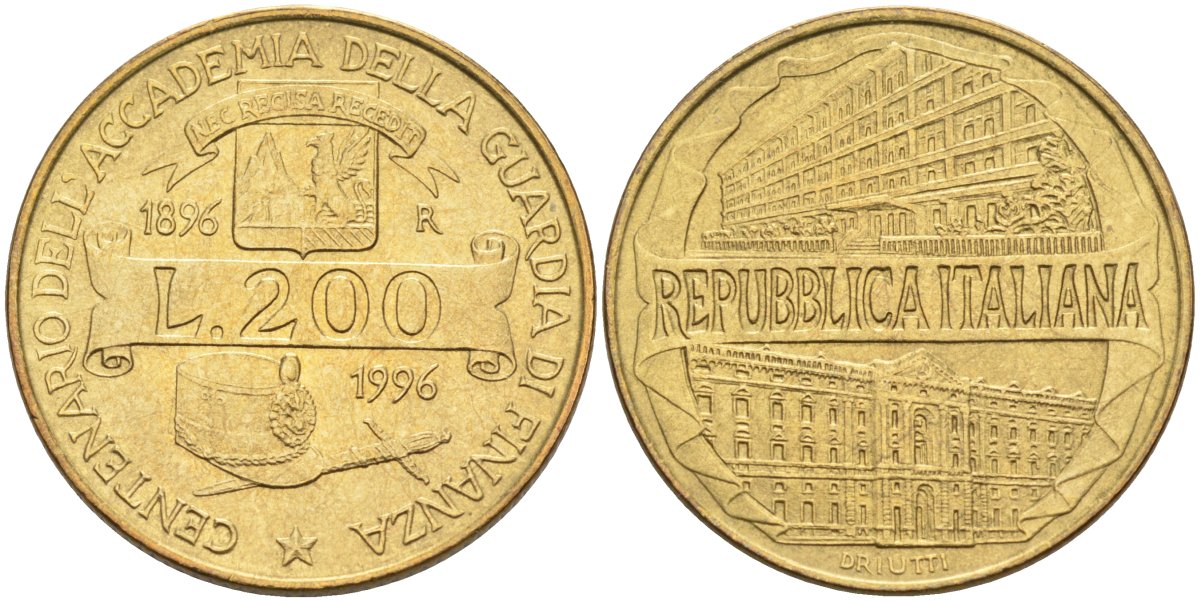 Италия 200 лир 1996 R, 100 лет Академии таможенной службы KM 184 алюминиевая бронза 4575-1236