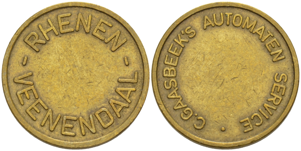 НИДЕРЛАНДЫ ЖЕТОН ND ДЛЯ ТОРГОВЫХ АВТОМАТОВ, RHENEN VEENENDAAL, C. GAASBEEKS AUTOMATEN SERVICE, ДИАМЕТР 20 ММ. желтый металл 100-412