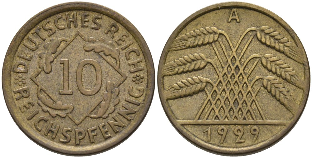 Германия 10 рейхспфеннигов 1929 А KM 40, J. 317 алюминиевая бронза 4575-444